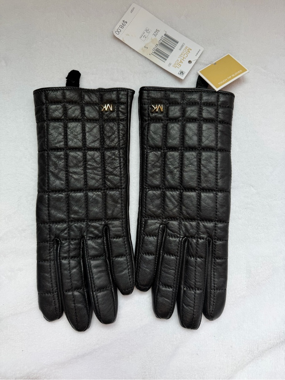 Michael Kors Black Quilted Leather Gloves with Gold MK Accent